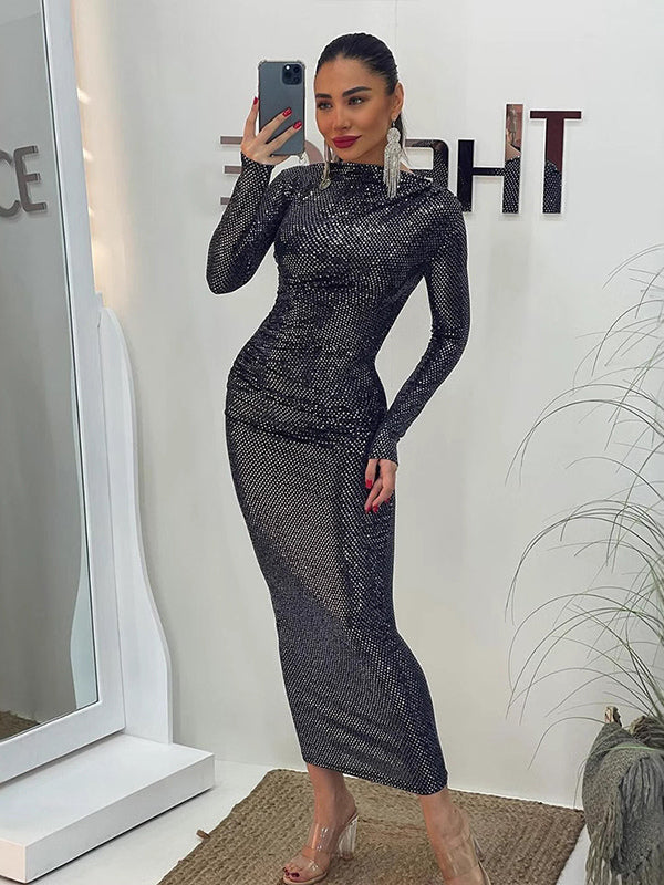 Shimmery Sequin Ruched Maxi Dress For Women - Black Boat Neck Long Sleeve Bodycon Gown - Spring Gala Party 2026