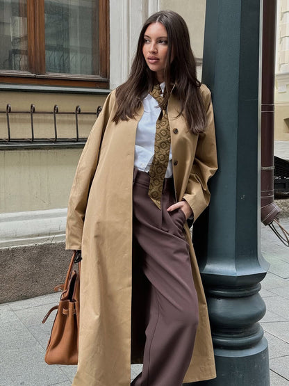 Classic Long Trench Coat For Women - Khaki Minimalist Single-Breasted Relaxed Fit Dust Coat - Spring Office-to-dinner Outerwear 2026