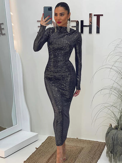 Shimmery Sequin Ruched Maxi Dress For Women - Black Boat Neck Long Sleeve Bodycon Gown - Spring Gala Party 2026
