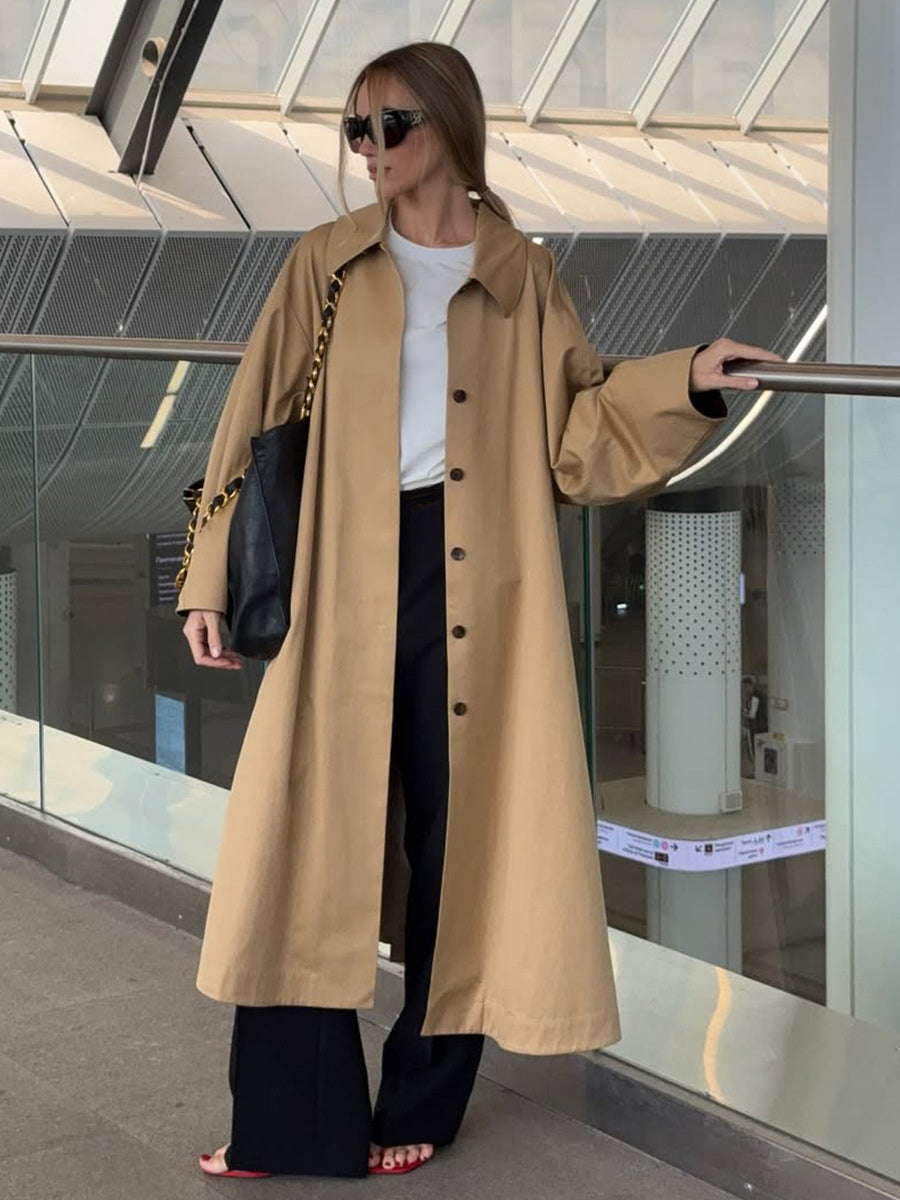 Classic Long Trench Coat For Women - Khaki Minimalist Single-Breasted Relaxed Fit Dust Coat - Spring Office-to-dinner Outerwear 2026