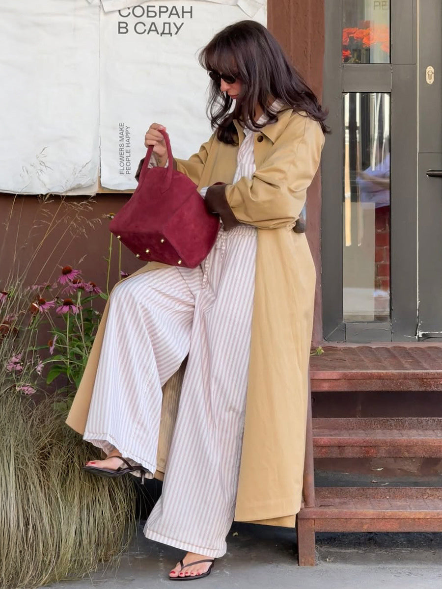 Classic Long Trench Coat For Women - Khaki Minimalist Single-Breasted Relaxed Fit Dust Coat - Spring Office-to-dinner Outerwear 2026