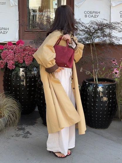 Classic Long Trench Coat For Women - Khaki Minimalist Single-Breasted Relaxed Fit Dust Coat - Spring Office-to-dinner Outerwear 2026