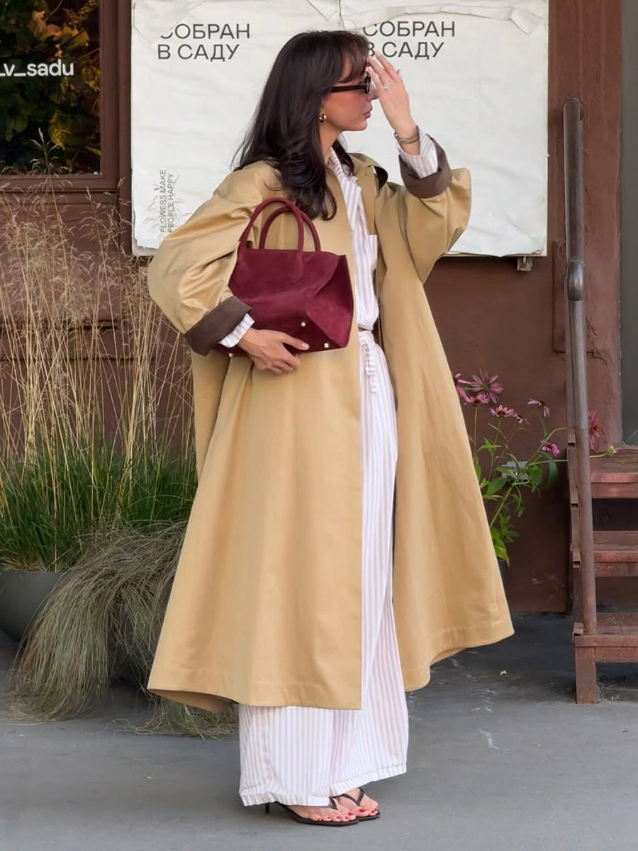 Classic Long Trench Coat For Women - Khaki Minimalist Single-Breasted Relaxed Fit Dust Coat - Spring Office-to-dinner Outerwear 2026