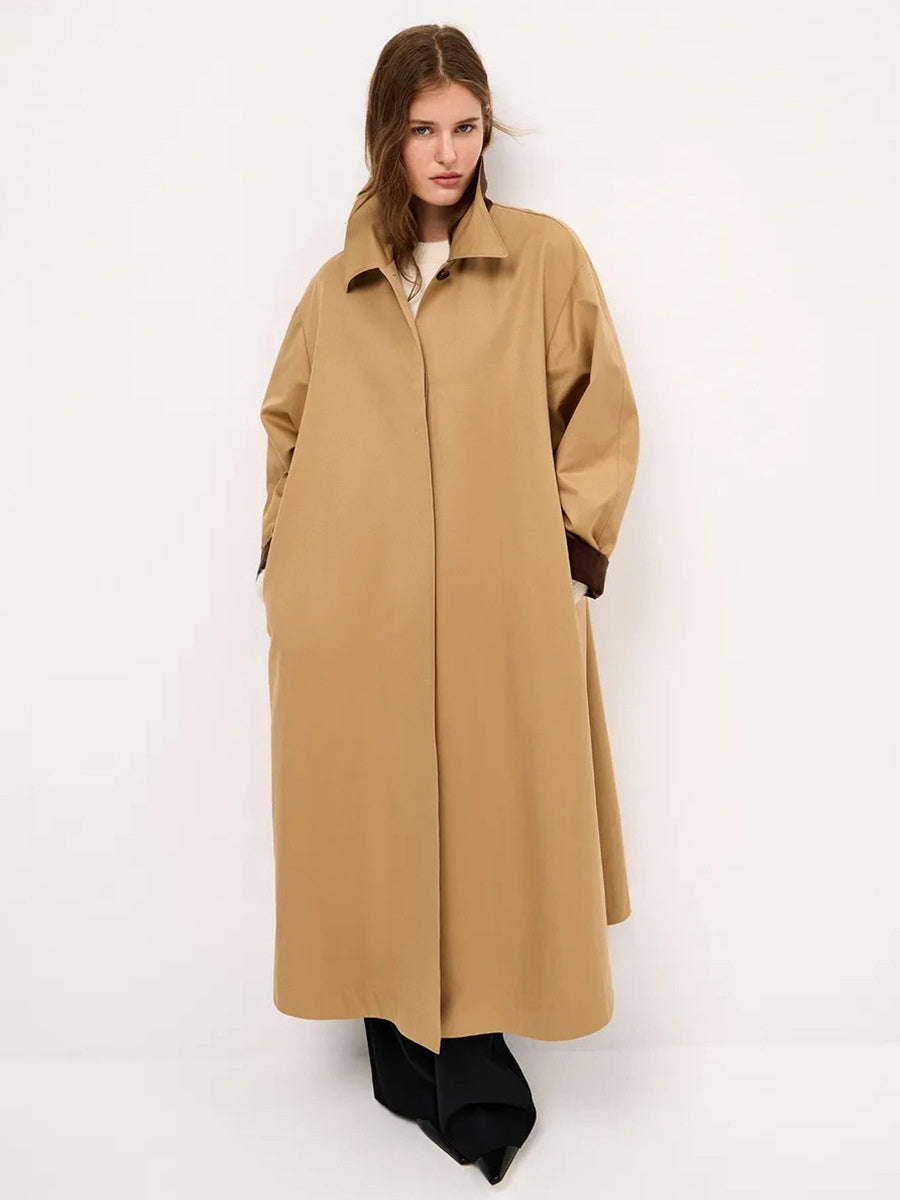 Classic Long Trench Coat For Women - Khaki Minimalist Single-Breasted Relaxed Fit Dust Coat - Spring Office-to-dinner Outerwear 2026