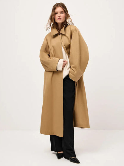 Classic Long Trench Coat For Women - Khaki Minimalist Single-Breasted Relaxed Fit Dust Coat - Spring Office-to-dinner Outerwear 2026