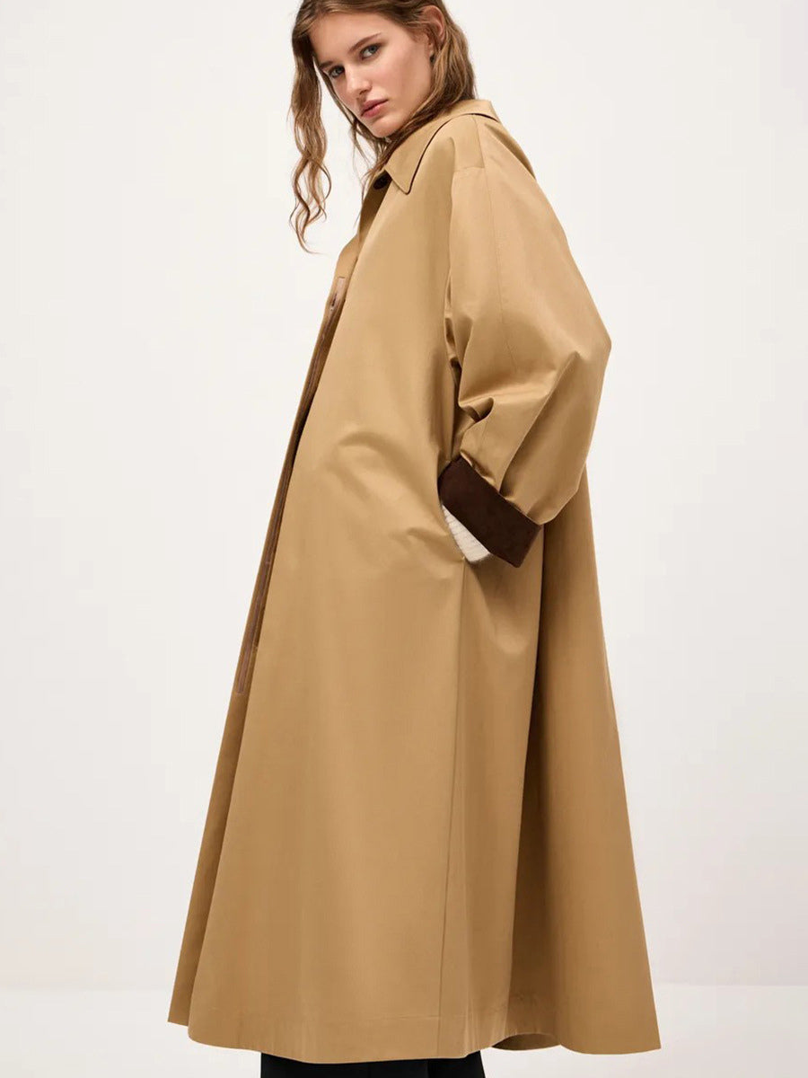 Classic Long Trench Coat For Women - Khaki Minimalist Single-Breasted Relaxed Fit Dust Coat - Spring Office-to-dinner Outerwear 2026