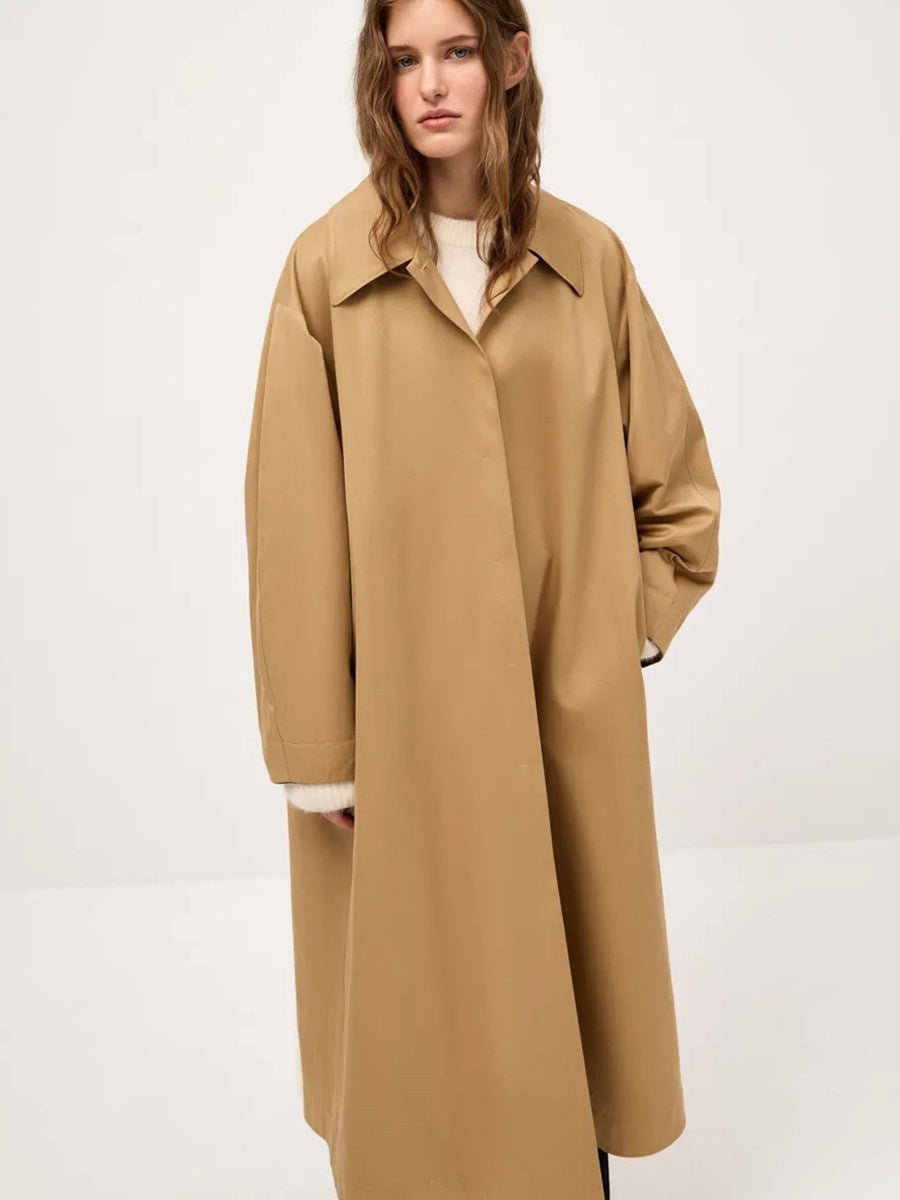 Classic Long Trench Coat For Women - Khaki Minimalist Single-Breasted Relaxed Fit Dust Coat - Spring Office-to-dinner Outerwear 2026