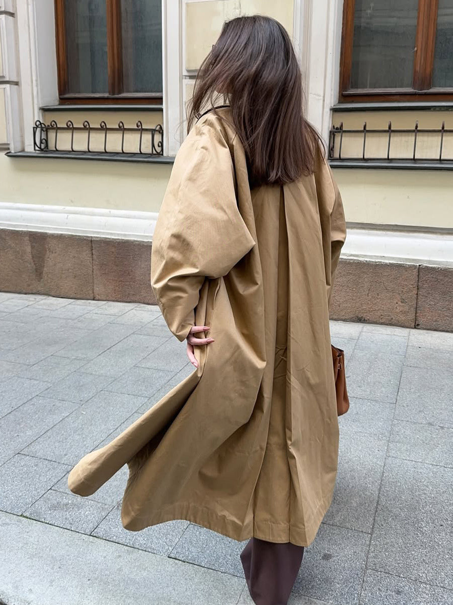 Classic Long Trench Coat For Women - Khaki Minimalist Single-Breasted Relaxed Fit Dust Coat - Spring Office-to-dinner Outerwear 2026