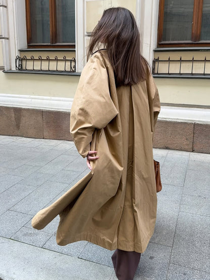 Classic Long Trench Coat For Women - Khaki Minimalist Single-Breasted Relaxed Fit Dust Coat - Spring Office-to-dinner Outerwear 2026