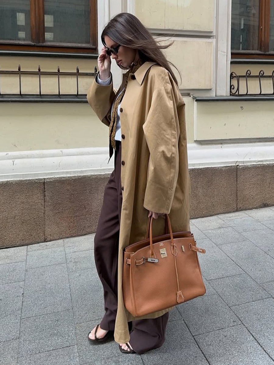 Classic Long Trench Coat For Women - Khaki Minimalist Single-Breasted Relaxed Fit Dust Coat - Spring Office-to-dinner Outerwear 2026