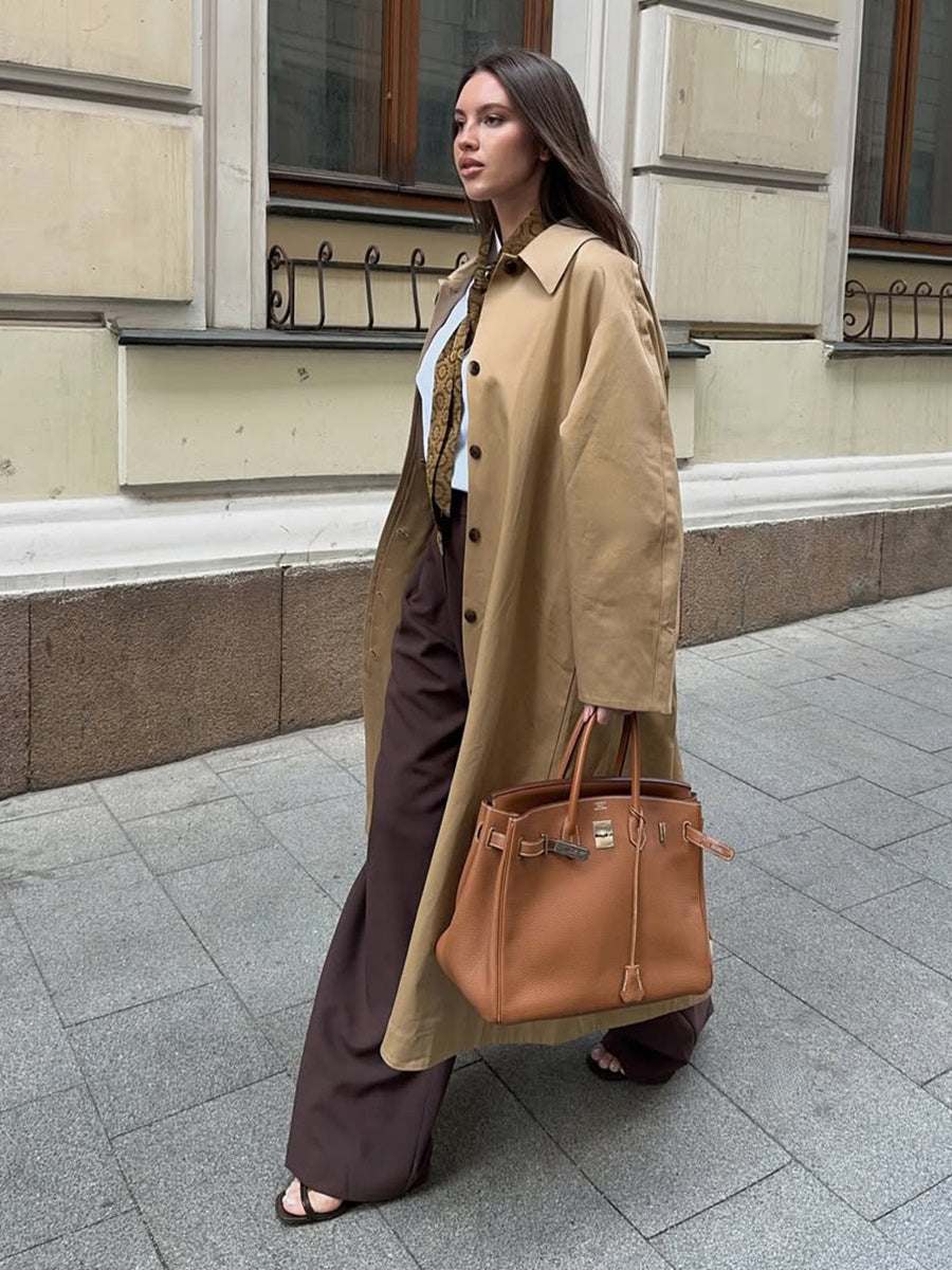 Classic Long Trench Coat For Women - Khaki Minimalist Single-Breasted Relaxed Fit Dust Coat - Spring Office-to-dinner Outerwear 2026
