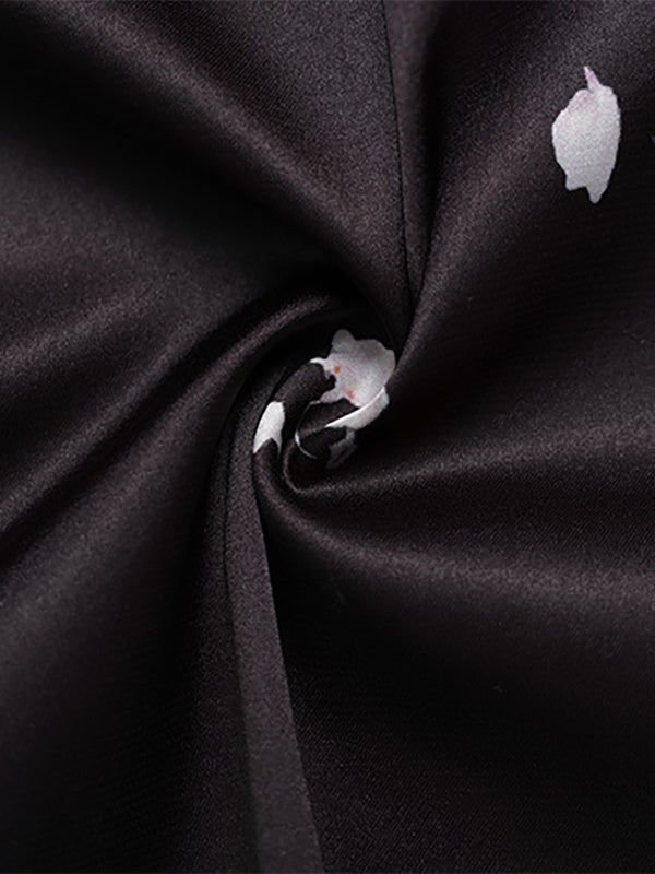 Satin Lace Patchwork Maxi Dress For Women - Black Floral Print V-Neck Short Sleeve Slim Fit - Summer Night Out 2026