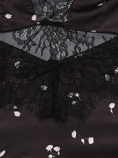 Satin Lace Patchwork Maxi Dress For Women - Black Floral Print V-Neck Short Sleeve Slim Fit - Summer Night Out 2026