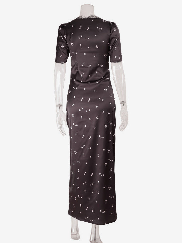 Satin Lace Patchwork Maxi Dress For Women - Black Floral Print V-Neck Short Sleeve Slim Fit - Summer Night Out 2026