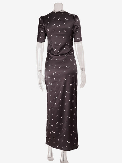 Satin Lace Patchwork Maxi Dress For Women - Black Floral Print V-Neck Short Sleeve Slim Fit - Summer Night Out 2026