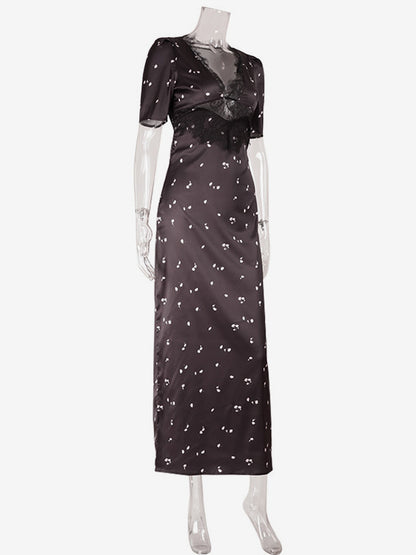 Satin Lace Patchwork Maxi Dress For Women - Black Floral Print V-Neck Short Sleeve Slim Fit - Summer Night Out 2026