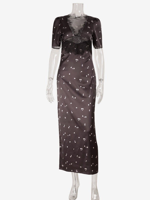 Satin Lace Patchwork Maxi Dress For Women - Black Floral Print V-Neck Short Sleeve Slim Fit - Summer Night Out 2026