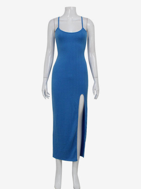 Blue High Slit Cami Maxi Dress For Women - Sexy Spaghetti Strap Bodycon Sundress - Summer Beach Vacation 2026