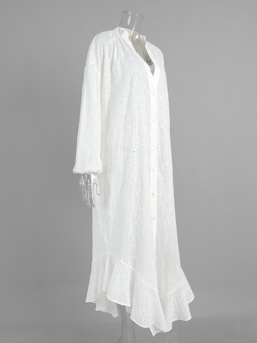 Eyelet Embroidery Maxi Dress For Women - White Boho V-Neck Oversized Ruffle Hem Kaftan - Summer Beach Vacation 2026