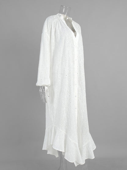 Eyelet Embroidery Maxi Dress For Women - White Boho V-Neck Oversized Ruffle Hem Kaftan - Summer Beach Vacation 2026