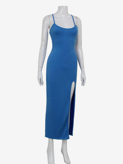 Blue High Slit Cami Maxi Dress For Women - Sexy Spaghetti Strap Bodycon Sundress - Summer Beach Vacation 2026