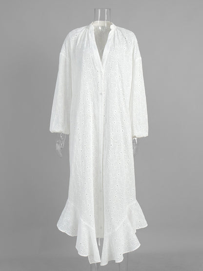 Eyelet Embroidery Maxi Dress For Women - White Boho V-Neck Oversized Ruffle Hem Kaftan - Summer Beach Vacation 2026