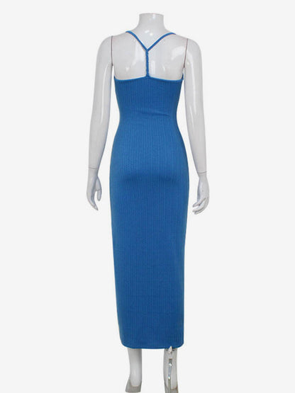 Blue High Slit Cami Maxi Dress For Women - Sexy Spaghetti Strap Bodycon Sundress - Summer Beach Vacation 2026