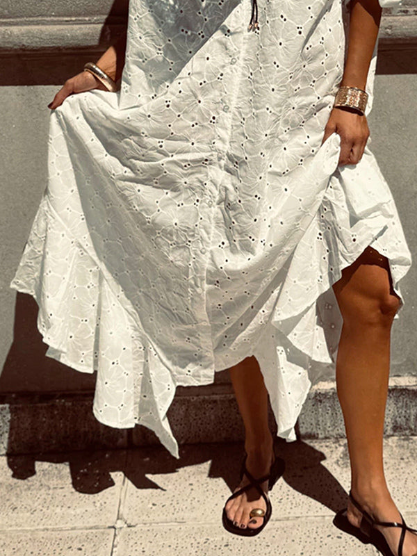 Eyelet Embroidery Maxi Dress For Women - White Boho V-Neck Oversized Ruffle Hem Kaftan - Summer Beach Vacation 2026