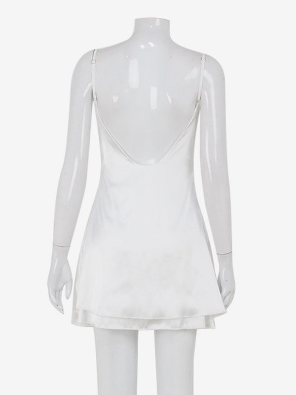 Satin Lace Trim Slip Dress For Women - White Sexy V-Neck Spaghetti Strap Mini Camisole - Summer Date Night 2026