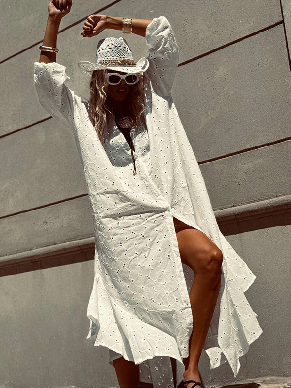 Eyelet Embroidery Maxi Dress For Women - White Boho V-Neck Oversized Ruffle Hem Kaftan - Summer Beach Vacation 2026