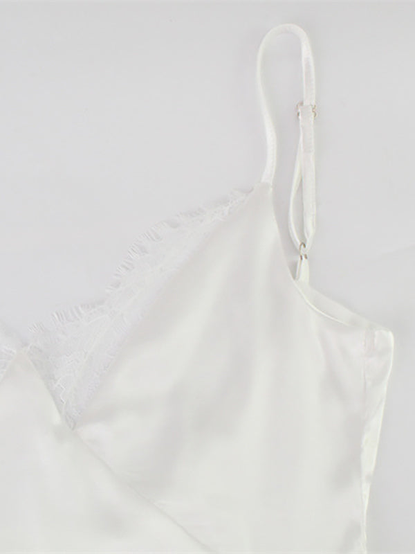 Satin Lace Trim Slip Dress For Women - White Sexy V-Neck Spaghetti Strap Mini Camisole - Summer Date Night 2026