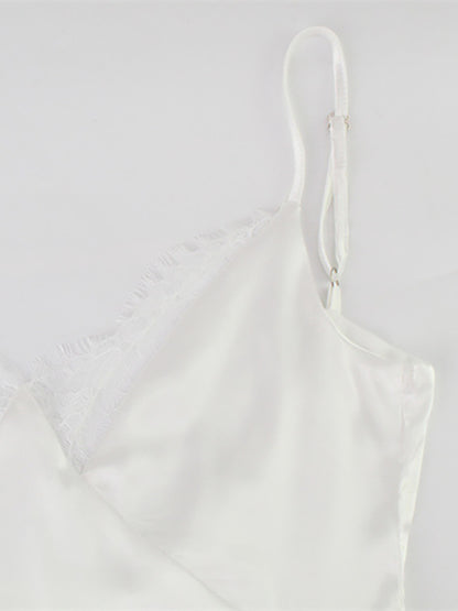 Satin Lace Trim Slip Dress For Women - White Sexy V-Neck Spaghetti Strap Mini Camisole - Summer Date Night 2026