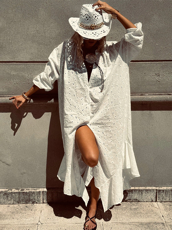 Eyelet Embroidery Maxi Dress For Women - White Boho V-Neck Oversized Ruffle Hem Kaftan - Summer Beach Vacation 2026