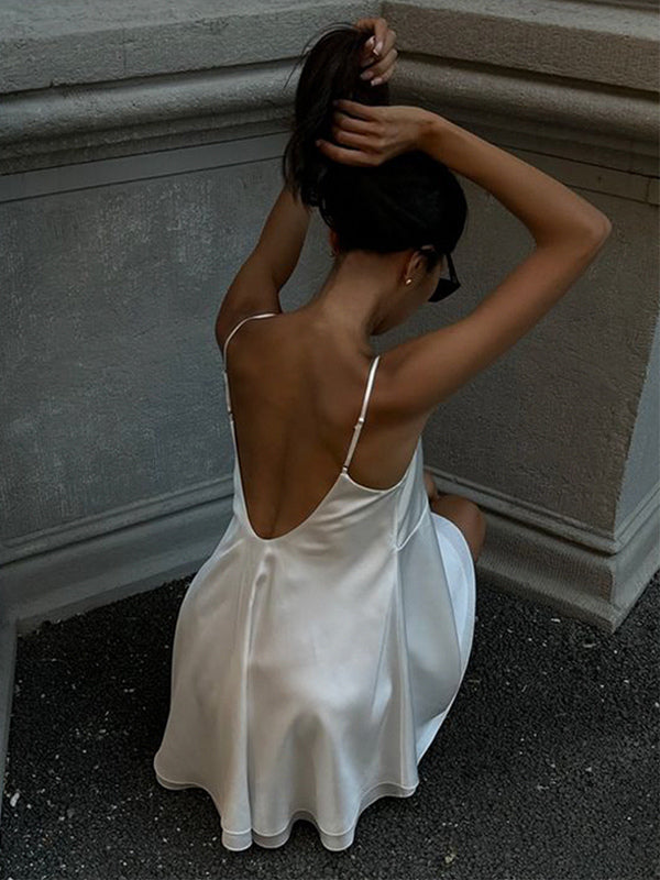 Satin Lace Trim Slip Dress For Women - White Sexy V-Neck Spaghetti Strap Mini Camisole - Summer Date Night 2026