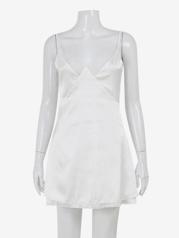 Satin Lace Trim Slip Dress For Women - White Sexy V-Neck Spaghetti Strap Mini Camisole - Summer Date Night 2026