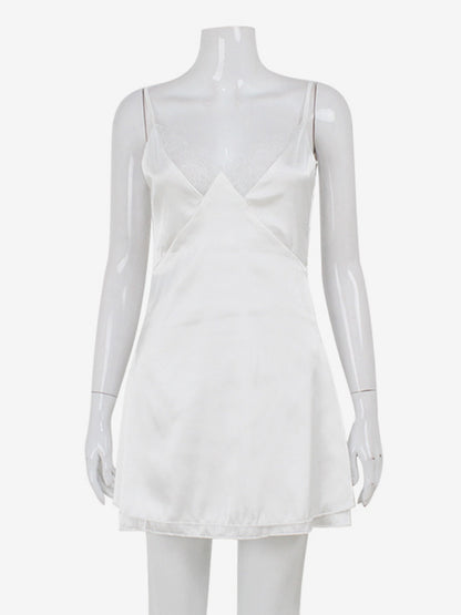 Satin Lace Trim Slip Dress For Women - White Sexy V-Neck Spaghetti Strap Mini Camisole - Summer Date Night 2026