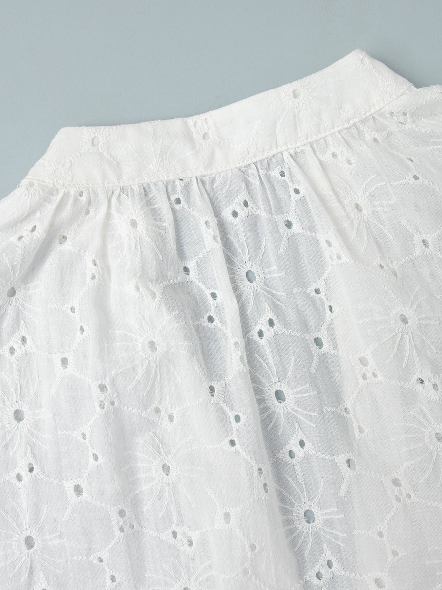 Eyelet Embroidery Maxi Dress For Women - White Boho V-Neck Oversized Ruffle Hem Kaftan - Summer Beach Vacation 2026