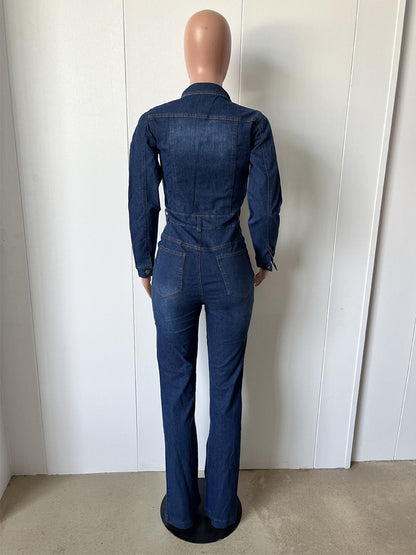 Washed Denim Flare Jumpsuit For Women - Dark Blue Long Sleeve Cotton Bootcut Romper - Spring Streetwear 2026