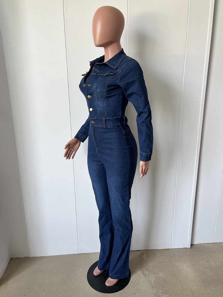Washed Denim Flare Jumpsuit For Women - Dark Blue Long Sleeve Cotton Bootcut Romper - Spring Streetwear 2026