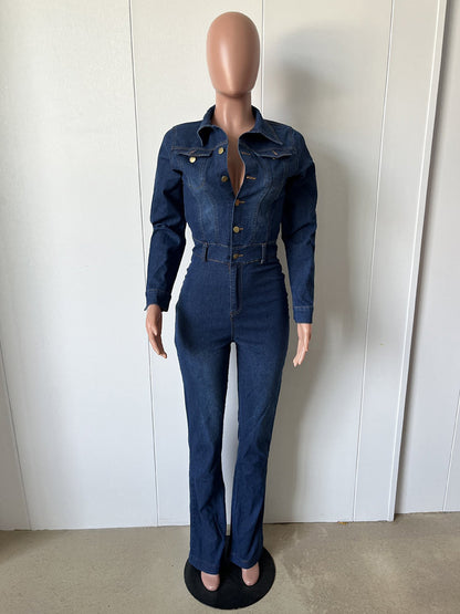 Washed Denim Flare Jumpsuit For Women - Dark Blue Long Sleeve Cotton Bootcut Romper - Spring Streetwear 2026
