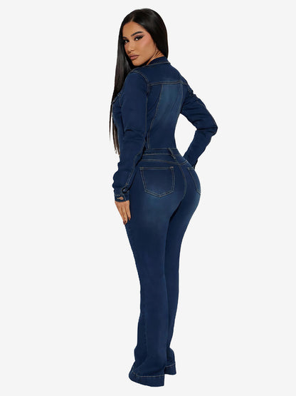 Washed Denim Flare Jumpsuit For Women - Dark Blue Long Sleeve Cotton Bootcut Romper - Spring Streetwear 2026