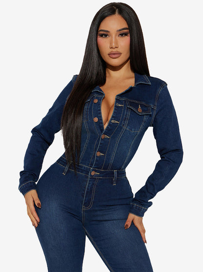 Washed Denim Flare Jumpsuit For Women - Dark Blue Long Sleeve Cotton Bootcut Romper - Spring Streetwear 2026