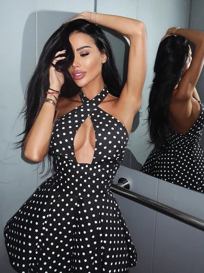 Vintage Polka Dot Halter Mini Dress For Women - Black Retro Criss Cross Keyhole Fit And Flare Sundress - Summer Girls Night Out 2026