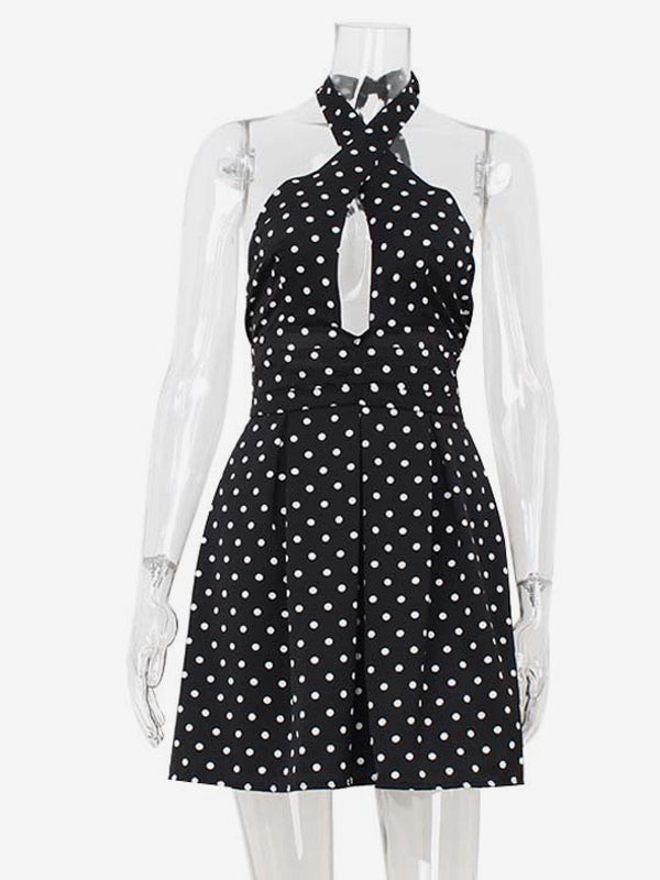 Vintage Polka Dot Halter Mini Dress For Women - Black Retro Criss Cross Keyhole Fit And Flare Sundress - Summer Girls Night Out 2026
