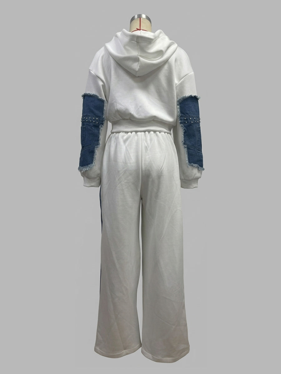 Denim Patchwork 2 Piece Set For Women - Studded Hoodie And Wide Leg Pants - Spring Streetwear Tracksuit 2026