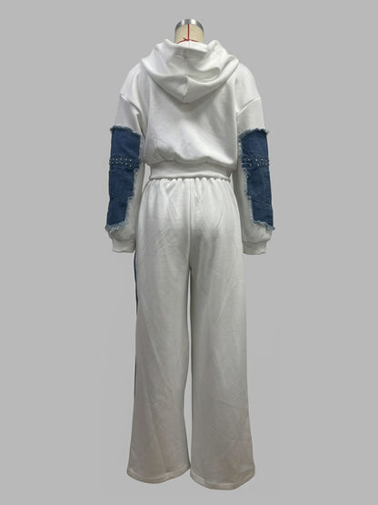 Denim Patchwork 2 Piece Set For Women - Studded Hoodie And Wide Leg Pants - Spring Streetwear Tracksuit 2026