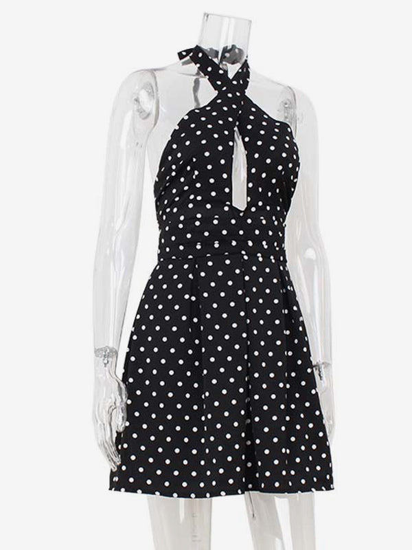 Vintage Polka Dot Halter Mini Dress For Women - Black Retro Criss Cross Keyhole Fit And Flare Sundress - Summer Girls Night Out 2026
