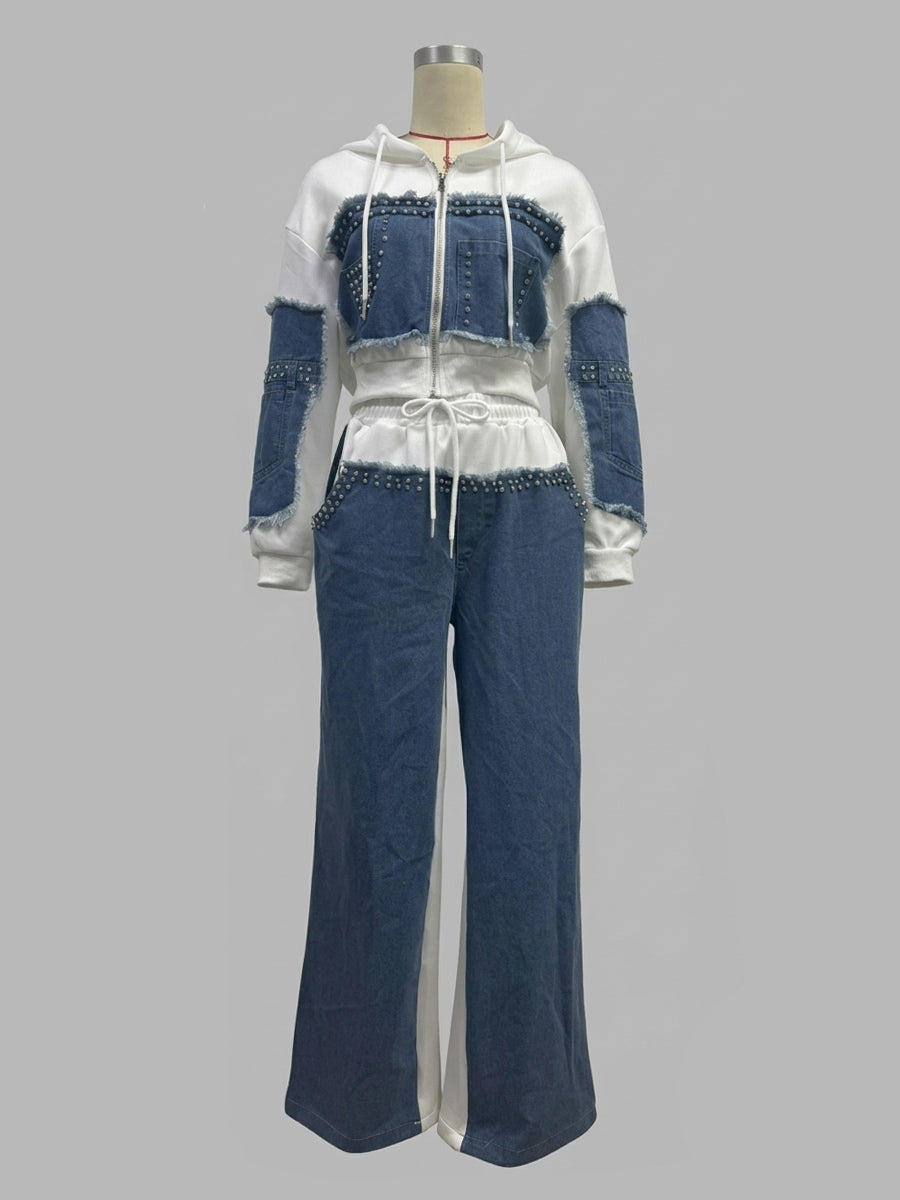 Denim Patchwork 2 Piece Set For Women - Studded Hoodie And Wide Leg Pants - Spring Streetwear Tracksuit 2026