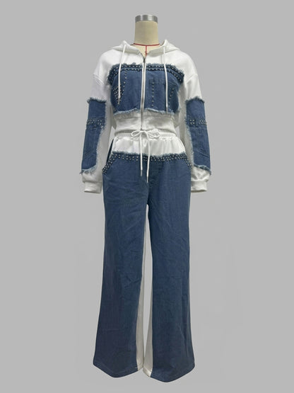 Denim Patchwork 2 Piece Set For Women - Studded Hoodie And Wide Leg Pants - Spring Streetwear Tracksuit 2026