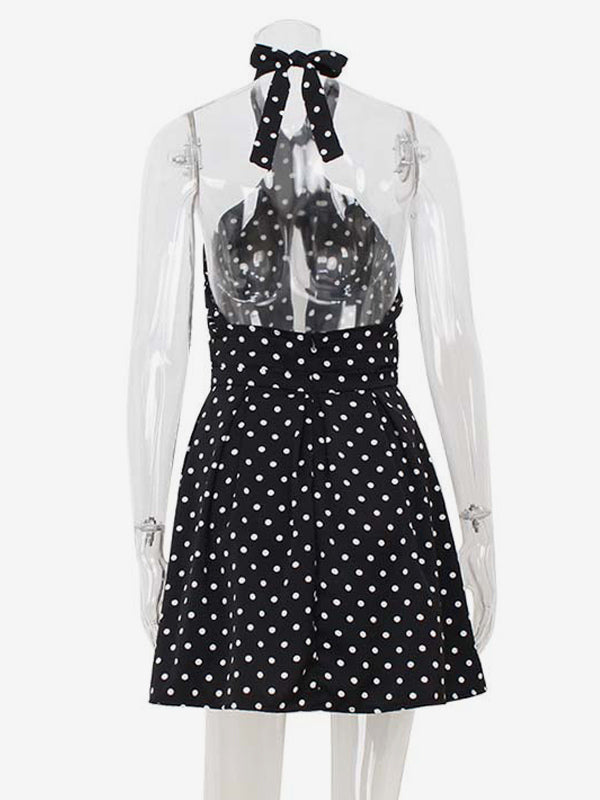 Vintage Polka Dot Halter Mini Dress For Women - Black Retro Criss Cross Keyhole Fit And Flare Sundress - Summer Girls Night Out 2026